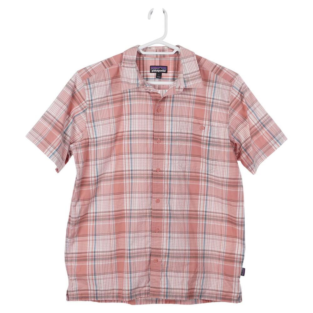 Patagonia Puckerware Shirt L Peach Blue Plaid Organic Cotton Blend Short Sleeve